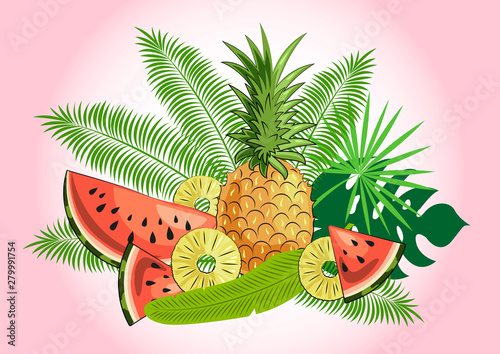 Bright summer vector still life: pineapple, slices of juicy watermelon, pineapple slices, tropical leaves. Clipart for your decor, design, printing, polygraphy and advertising.