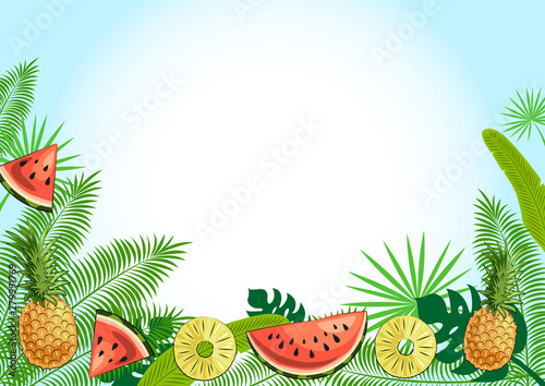Bright summer frame of fruits and leaves: pineapple, juicy watermelon slices, pineapple slices, tropical leaves. Clipart for your decor, design, printing, polygraphy and advertising.