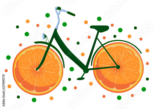 Fantasy bright vector illustration: a bicycle with orange slices instead of wheels. Summer. Fruits. Fun.
