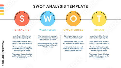 Four colorful elements with text inside placed below elements. Concept of SWOT-analysis template or strategic planning technique. Infographic design template. Vector illustration.