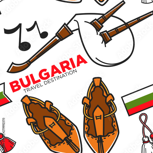 Bast shoes and gaida Bulgarian national instrument and footwear seamless pattern