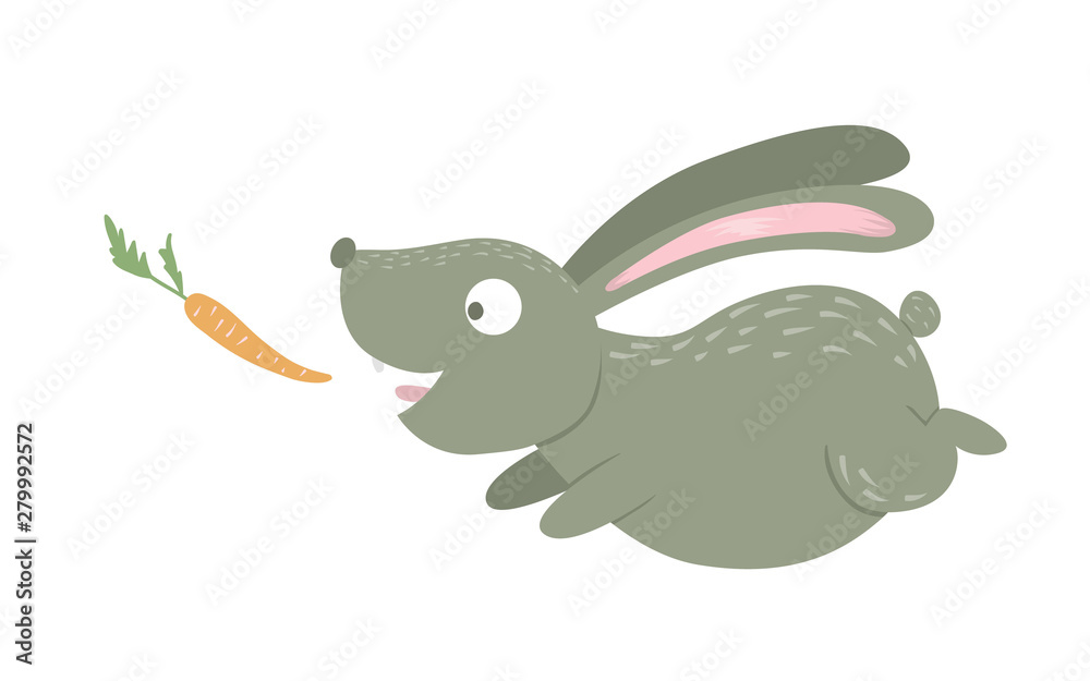 Vector cartoon style flat funny rabbit with carrot isolated on white background. Cute illustration of woodland animal. Running hare icon for children’s design.. Vector cartoon style flat funny rabbit with carrot isolated on white background. Cute illustration of woodland animal. Running hare icon for children’s design..