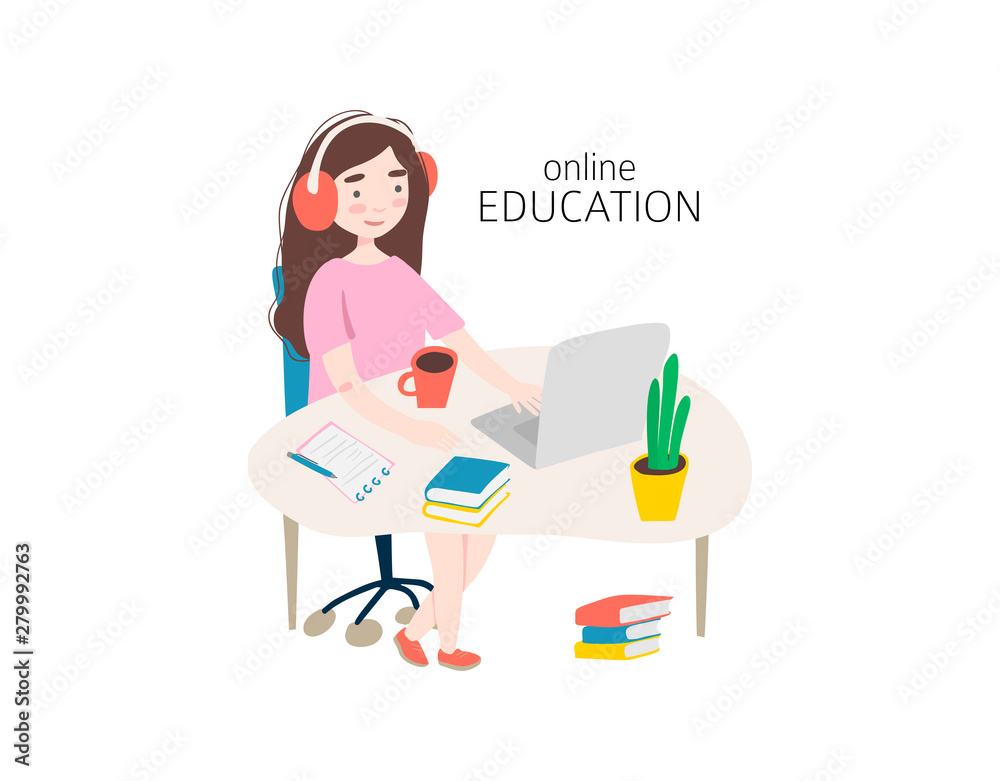 Student in learning process. Flat illustration of woman studying online at his workplace, using his laptop. Vector template with work table, books, lamp, etc