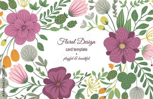 Vector card template with floral elements. Design with flowers for stationery, letter, invitation, greeting. Horizontal frame with beautiful tapestry like spring or summer background..