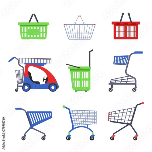 Supermarket cart or trolley and shopping basket isolated objects