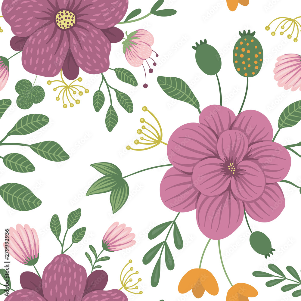 Vector floral seamless background. Flat trendy illustration with flowers, leaves, branches. Repeating pattern with meadow, woodland, forest plants..