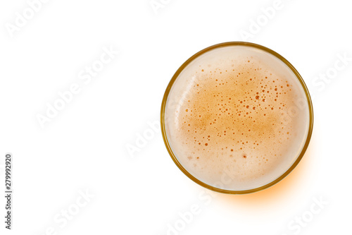 top view of beer bubbles in glass cup isolated on white background. copy space for design.