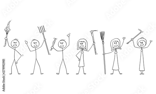 Vector cartoon stick figure drawing conceptual illustration of set of angry mob characters with torch and tools like pitchfork as weapons.