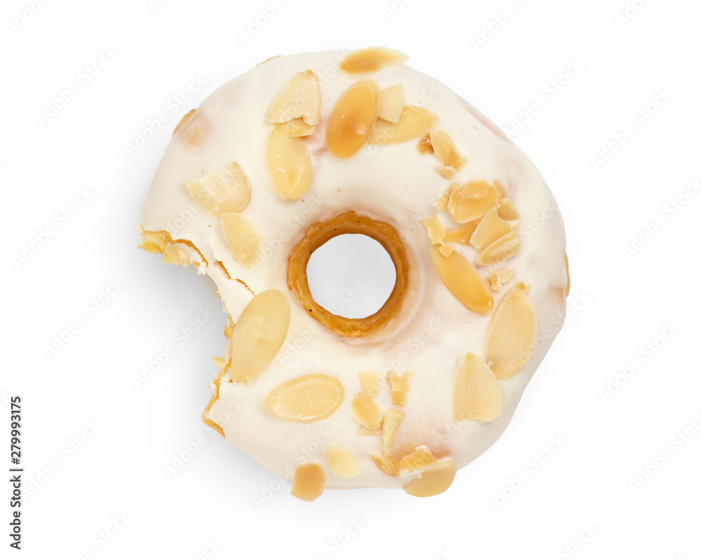 Donut with almond bean sprinkles isolated on white background top view Donut with almond bean sprinkles isolated on white background top view