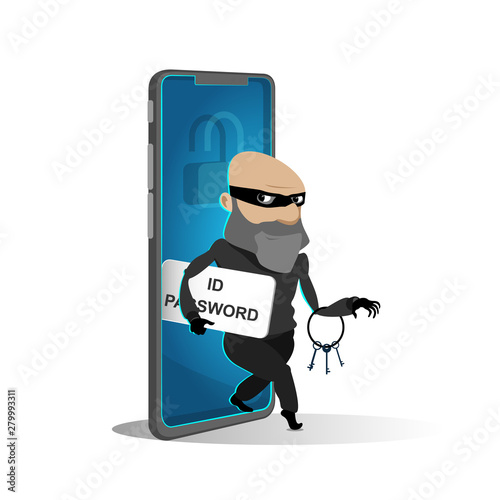 Computer thief hacks personal data. Steals information from the PC. id password stolen criminal hacker.
