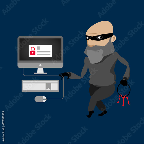 Computer thief hacks personal data. Steals information from the PC. id password stolen criminal hacker.
