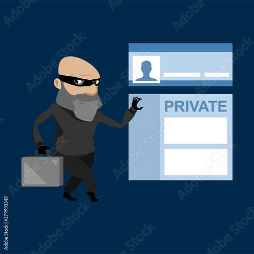 Computer thief hacks personal data. Steals information from the PC. id password stolen criminal hacker.