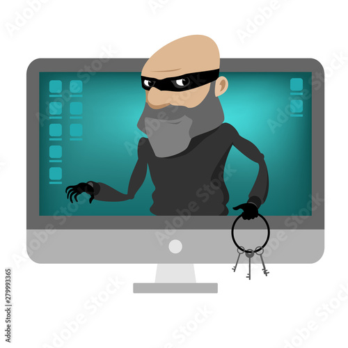 Computer thief hacks personal data. Steals information from the PC. id password stolen criminal hacker.