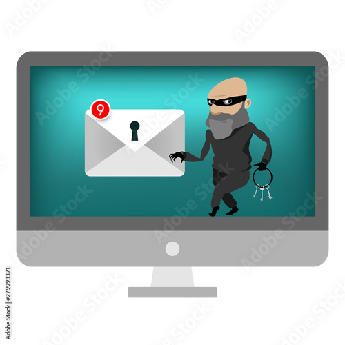 Computer thief hacks personal data. Steals information from the PC. id password stolen criminal hacker.