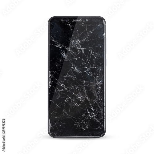 modern touch screen smartphone style black color with broken screen isolated on white background. with clipping path.