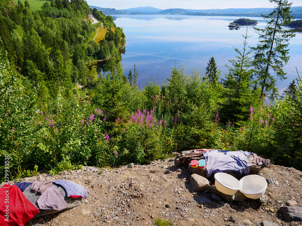 Fototapeta premium Camping on nature, lake fjord shore, Norway