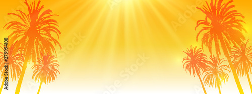 Palm trees silhouettes on sunny orange sky background - horizontal panoramic banner for Your summer design