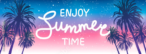 Palm trees silhouettes on sunrise sky background - horizontal panoramic banner for Your summer design
