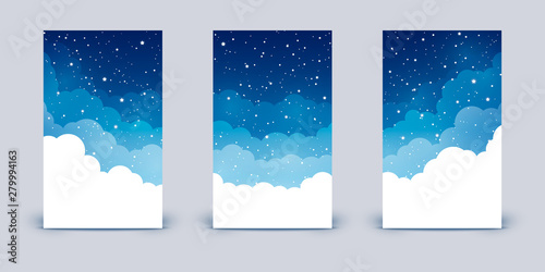Set of vertical banners with clouds and shiny stars on night sky