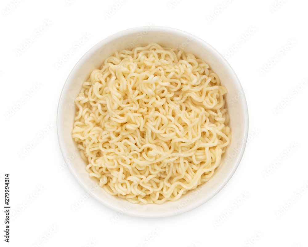 Instant noodles in ceramic bowl, top view isolated on white background. with clipping path.