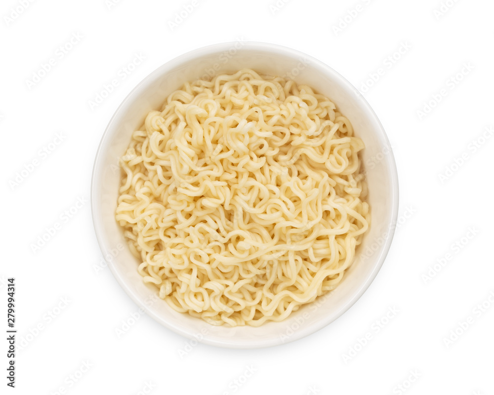 Instant noodles in ceramic bowl, top view isolated on white background. with clipping path. Instant noodles in ceramic bowl, top view isolated on white background. with clipping path.