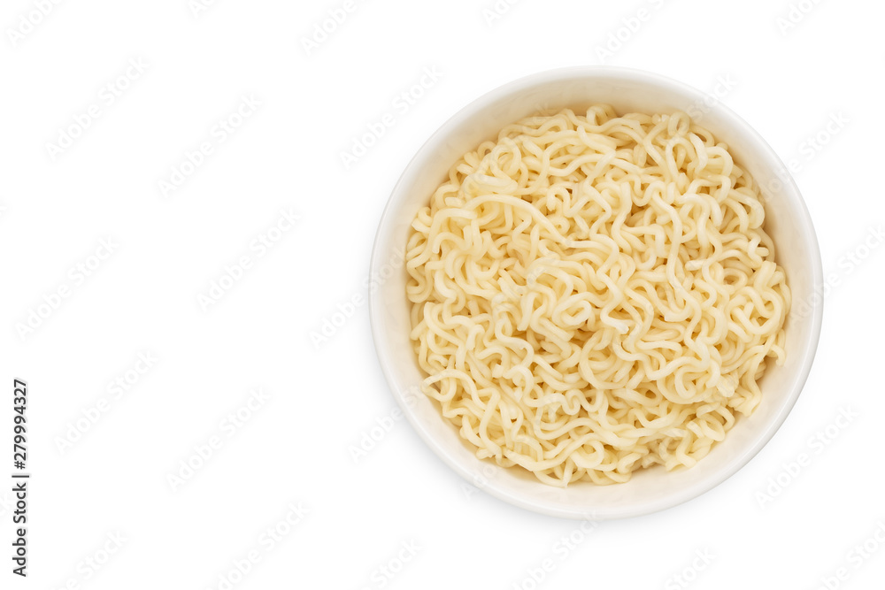 Instant noodles in ceramic bowl, top view isolated on white background with copy space for design. this has clipping path. Instant noodles in ceramic bowl, top view isolated on white background with copy space for design. this has clipping path.