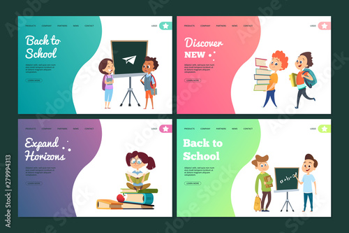 Back to school landing page set. Vector web banners template with cartoon students. Education study, layout page learning illustration