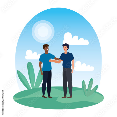 interracial young men friends in the camp