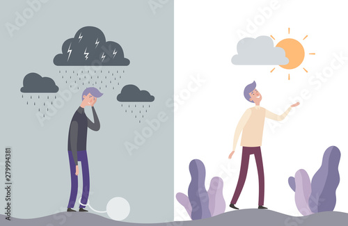 Happy and unhappy man characters. Mental human health vector illustration. Unhappy sad human emotion, happy and depressed