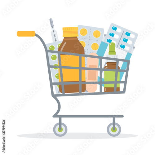 Shopping cart with medicaments. Medicine concept for drug store or online pharmacy. Flat vector illustration. 