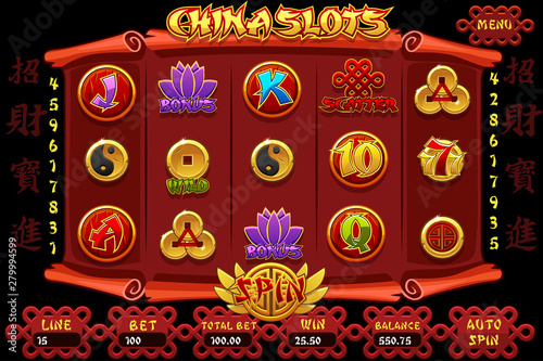 China Casino slot machine game and icons. Vector complete Interface Slot Machine and buttons on separate layers. Chinese characters representing good luck and fortune