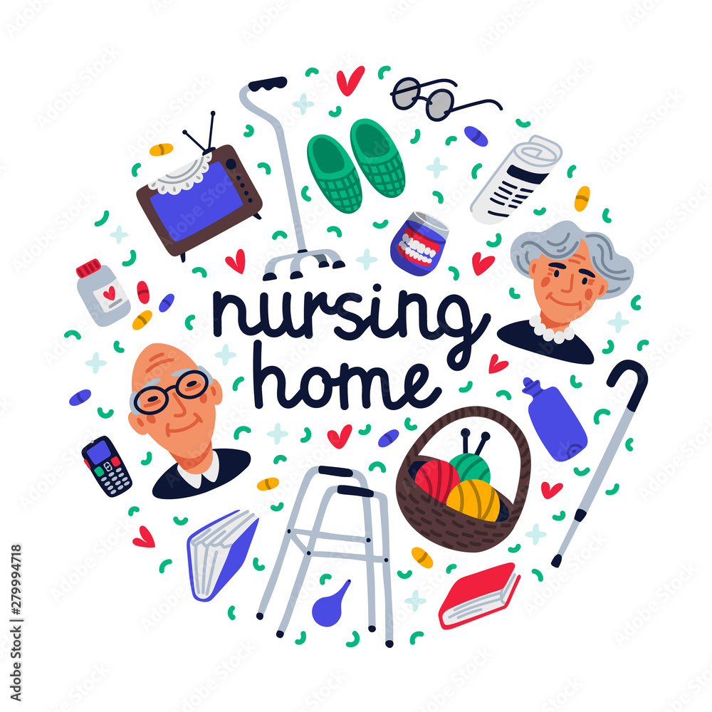 Nursing home set. Senior people and nursing home items on white background, medical care concept. Senior people healthcare assistance round composition. Flat style Vector illustration.
