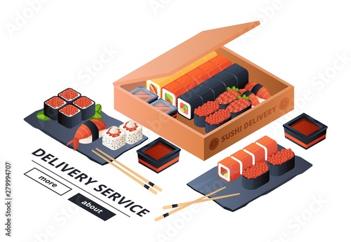 Sushi delivery service vector banner template. Isometric sushi, asian dinner for two illustration. Sushi food service, restaurant japanese menu