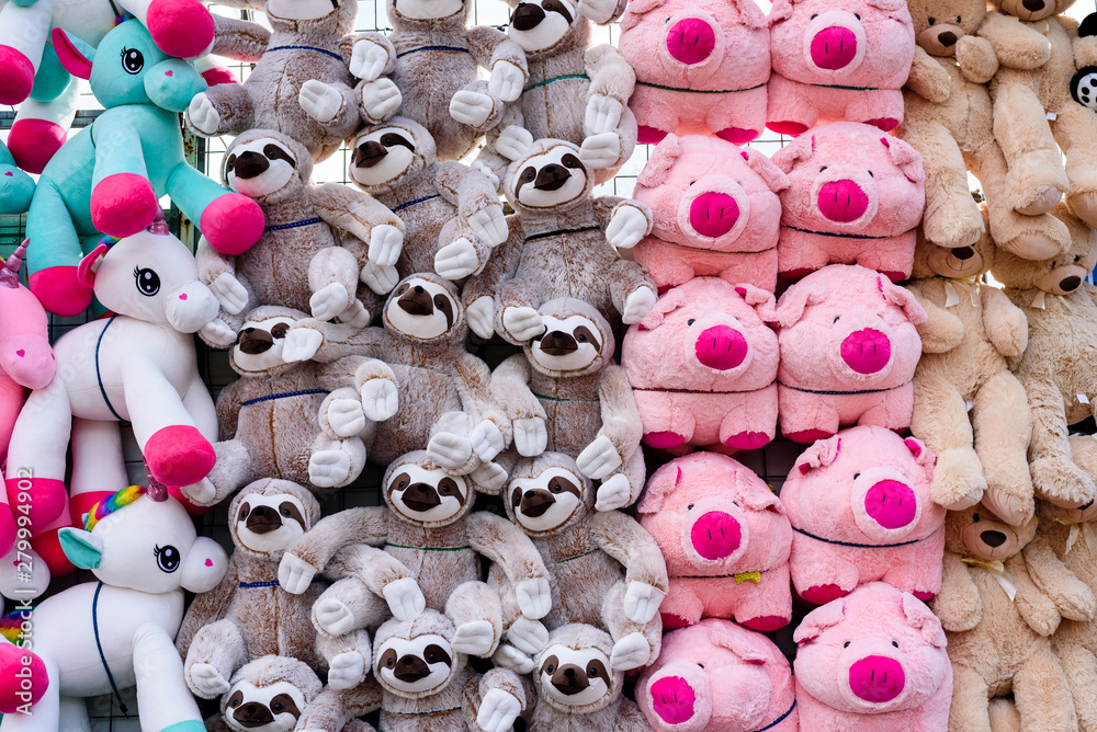 Colorful soft toys for sales in a carnival.