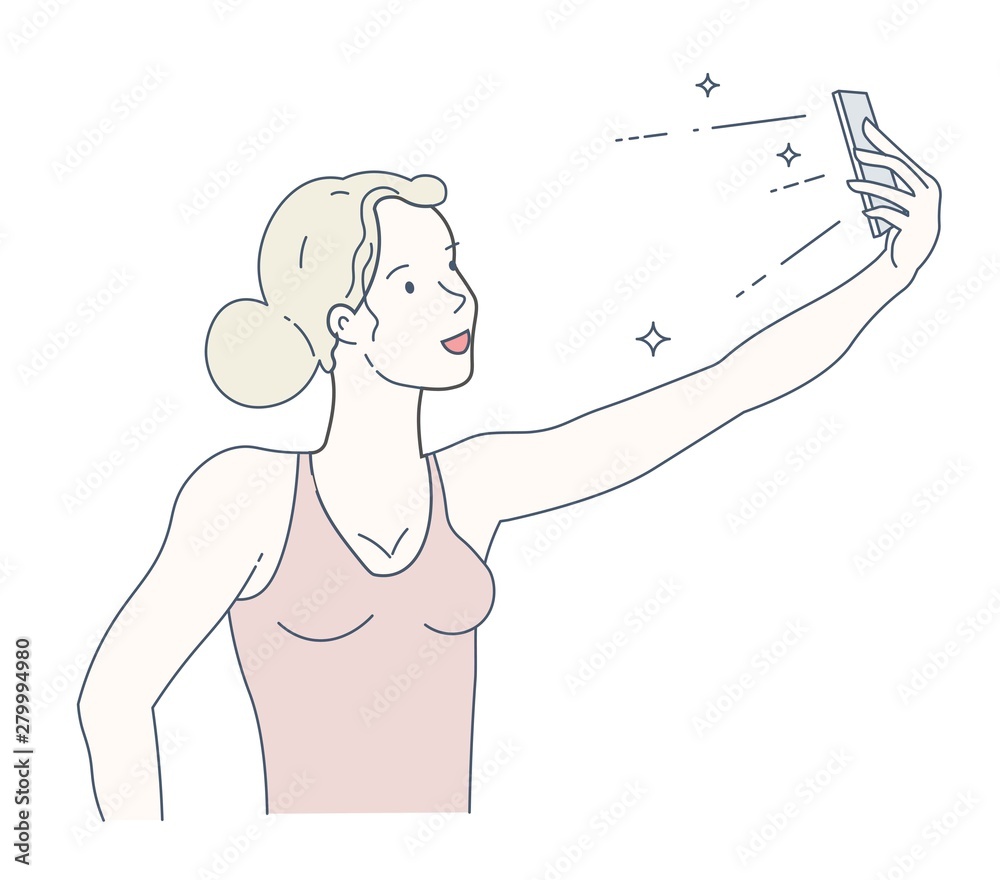 Selfie on smartphone girl with gadget taking photo on frontal camera