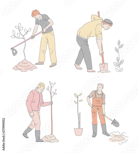 Planting or gardening men with sprouts and spades or hoe isolated characters