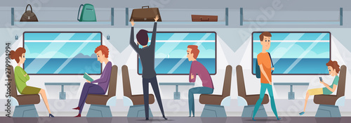 Train interior. People inside subway transport metro trains vector cartoon illustration. Train travel inside, interior cartoon public transport
