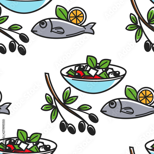 Greek salad and fish olives branch Greece cuisine seamless pattern