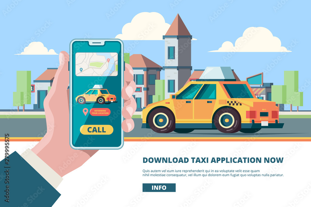 Naklejka premium Order taxi. Smartphone in hand online press order button urban mobility taxi near buildings vector concept picture. Illustration of taxi urban service online, app for order car