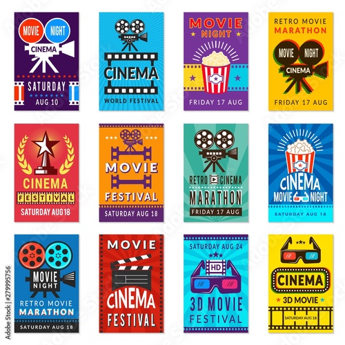 Cinema poster. Vintage film retro cards movies placard vector backgrounds collection. Illustration of cinema poster, film video banner and placard