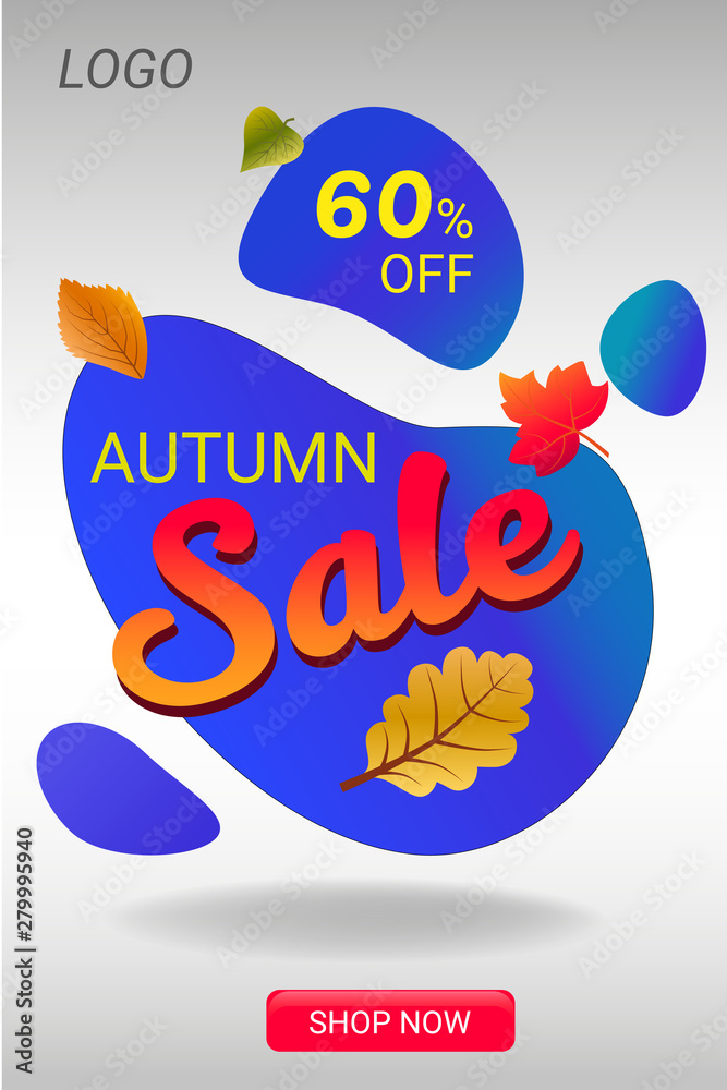 Autumn sale web banner with leaves and liquid forms.  Vector elements for discount flyer, promotion, web banner and poster design.