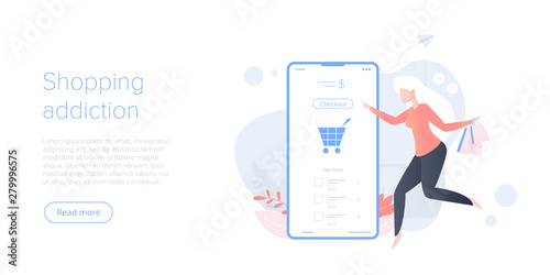Online shopping addiction or e-commerce flat vector illustration. Internet store checkout procedure concept with smartphone woman and bag. Credit card payment transaction via app.