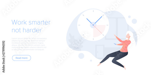 Effective time management flat vector illustration. Young woman prioritizing tasks or organization for effective productivity. Job schedule optimization concept. Web banner layout template.
