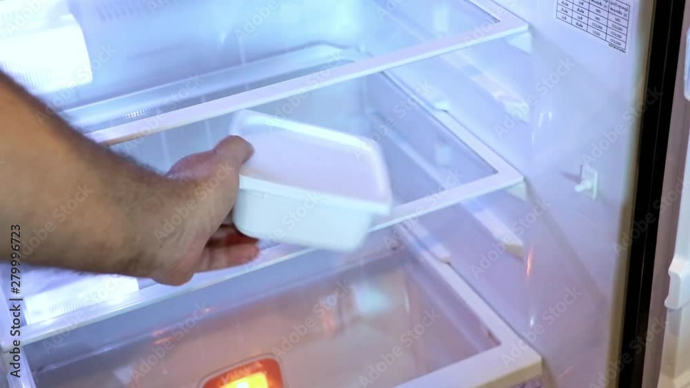 Man give a fried cockroach in plastic box to empty fridge. A edible