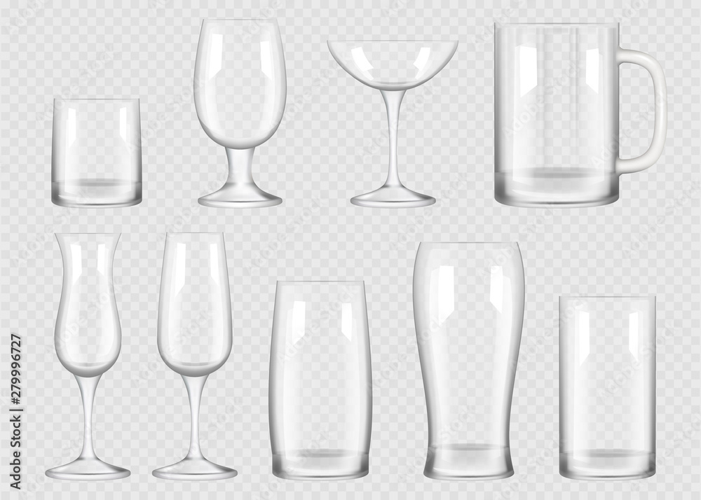 Transparent drink glass. Cup for alcoholic drinks crystal empty glass vector realistic collection. Empty realistic glass transparent for bar and drink illustration Transparent drink glass. Cup for alcoholic drinks crystal empty glass vector realistic collection. Empty realistic glass transparent for bar and drink illustration