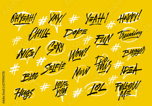 Vector speech bubbles with phrases Blog, Blogger. Hand drawn speech bubbles, blog label in grunge style with hashtag. Social media icons set. photo