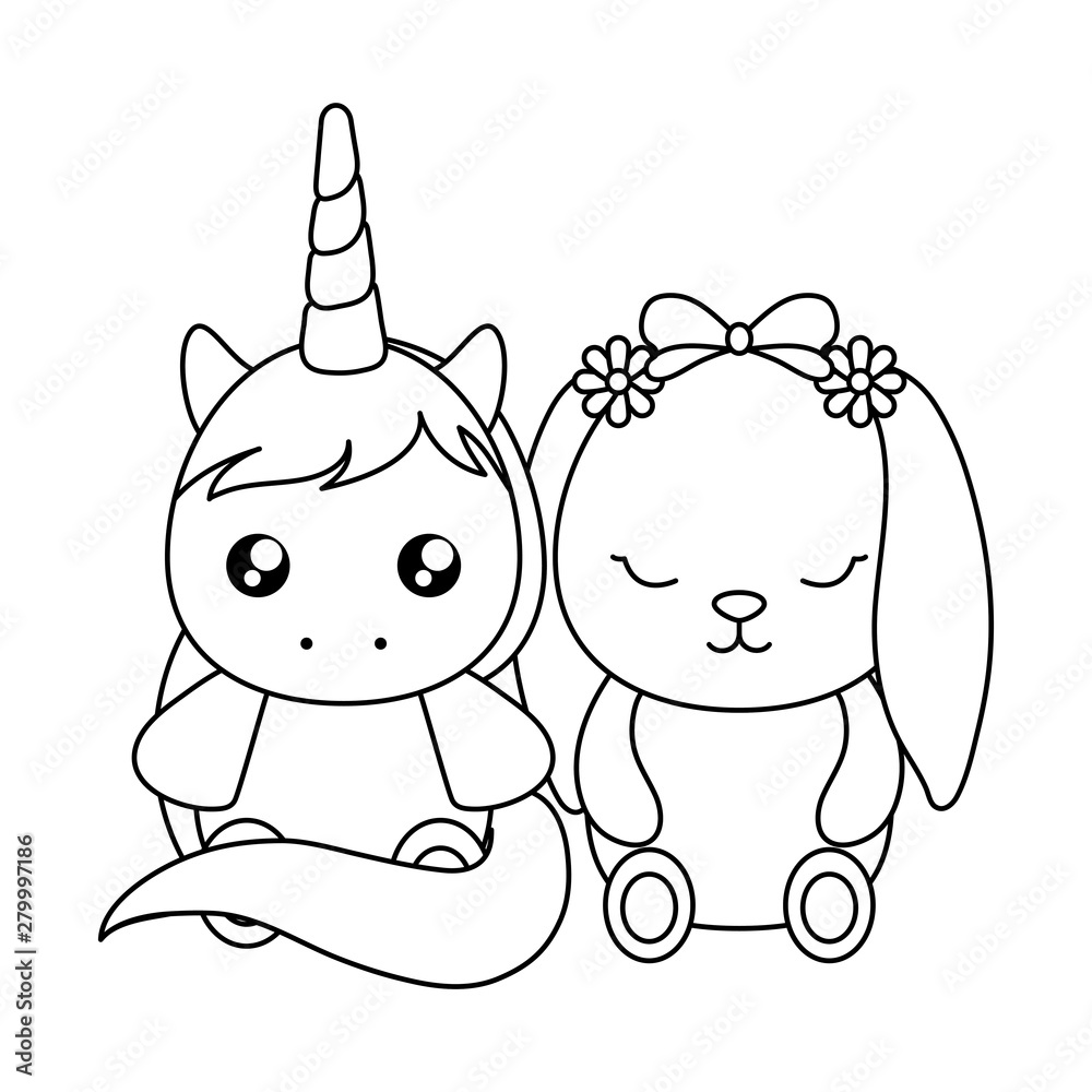 cute little unicorn with bunny baby character Stock Vector Adobe