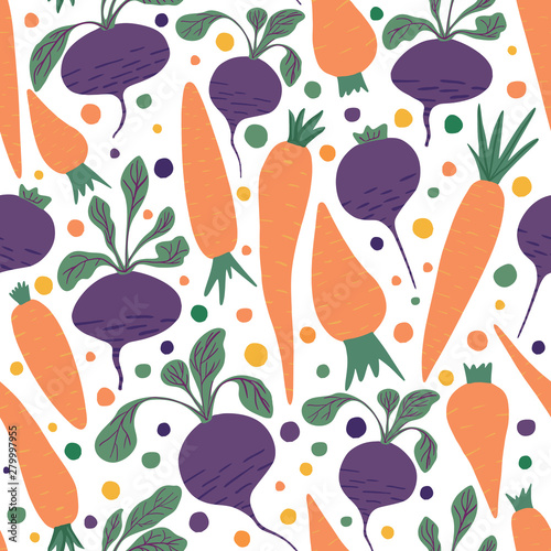 Doodle carrots and beetroot wallpaper. Hand drawn carrot and beet seamless pattern