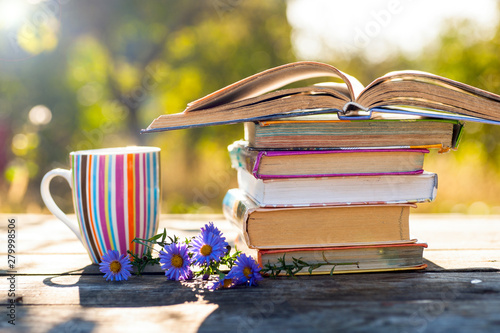 Open book on wooden table on natural background. Soft focus