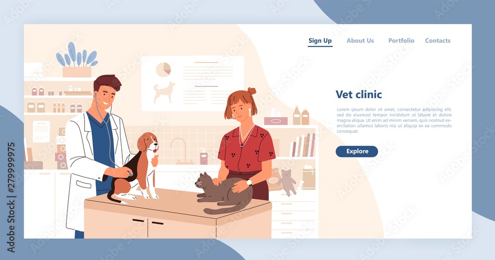 Landing page template with pair of smiling veterinarians holding cat and dog. Flat cartoon vector illustration for veterinary clinic advertisement, promo of domestic animals healthcare service.